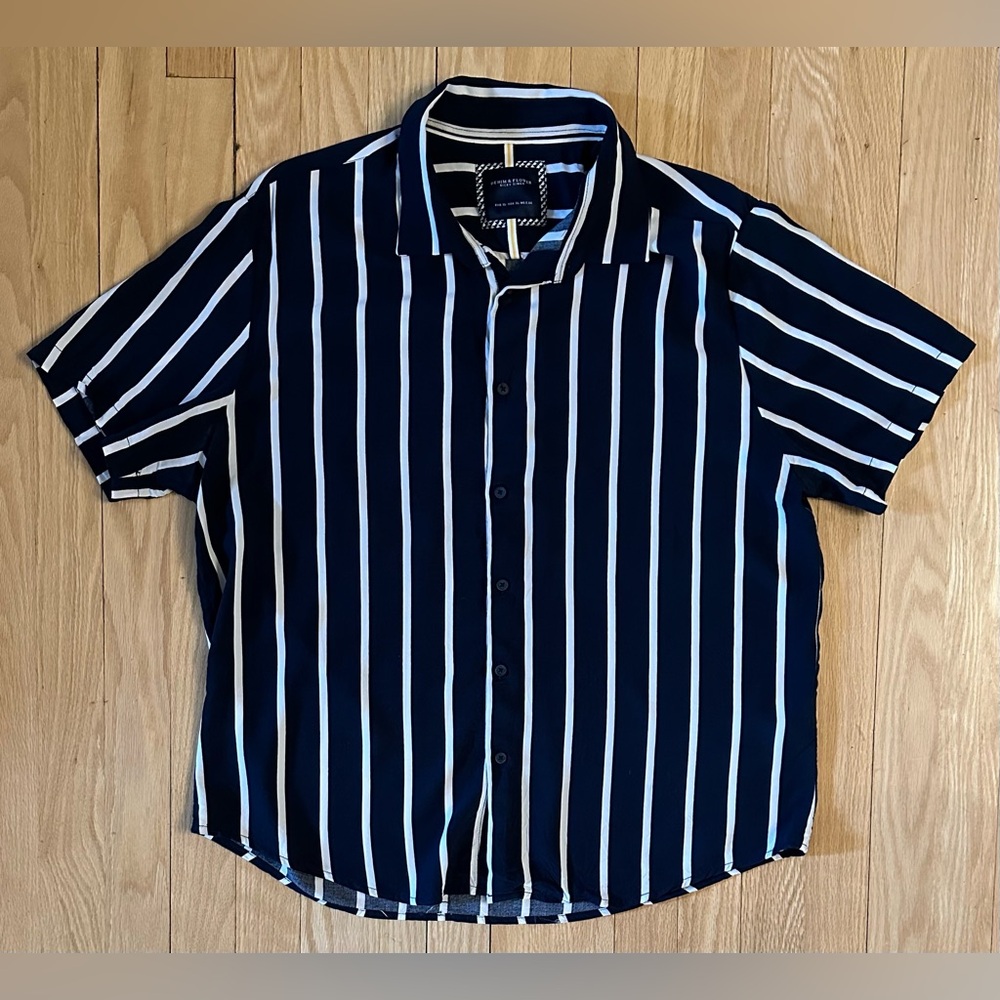 Denim & Flower Men’s’ Blue White Striped Short-Sleeved Button Down Shirt, XL